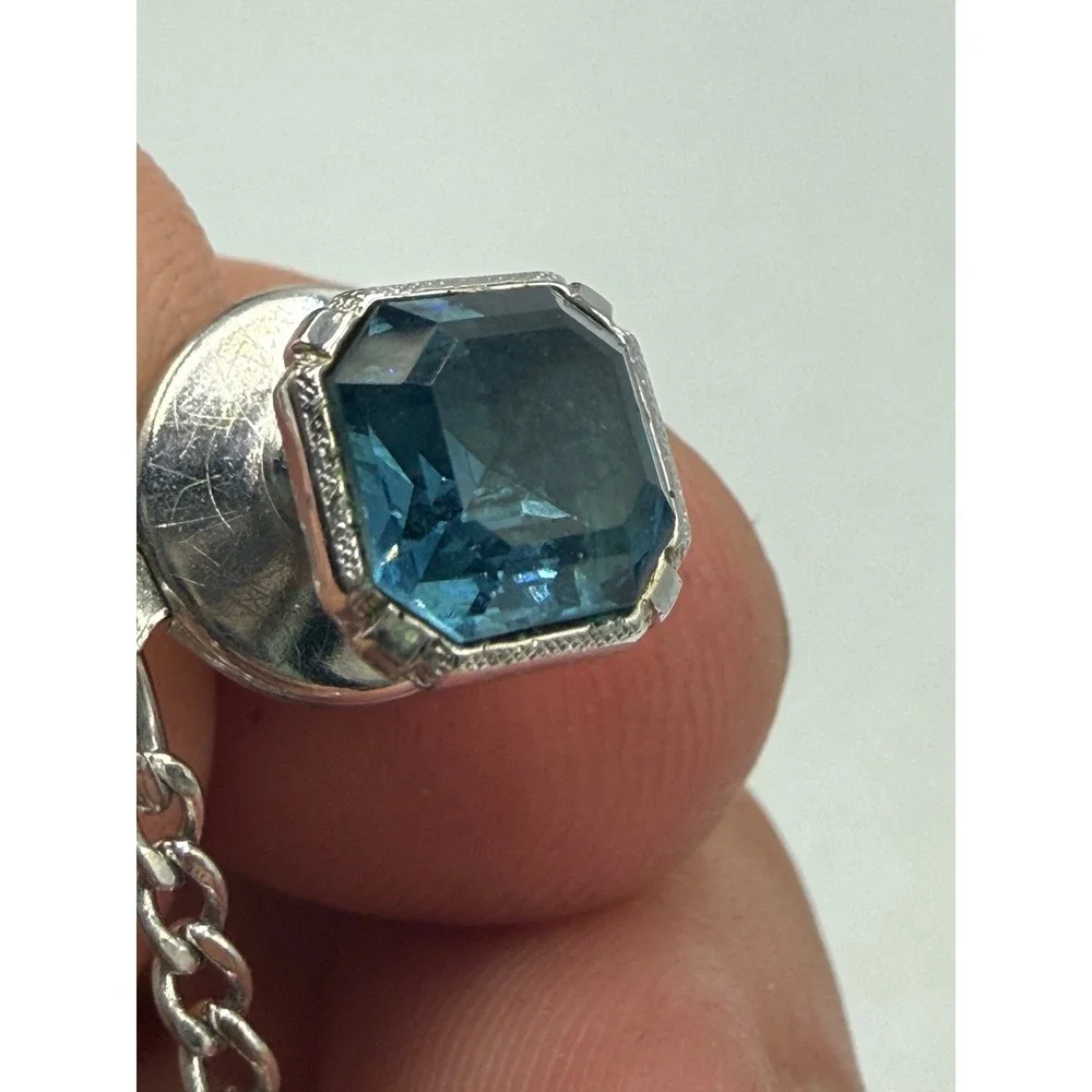 Vintage Silver Tone Blue Stone Tie Tack with Safety Chain Emerald Cut Glass